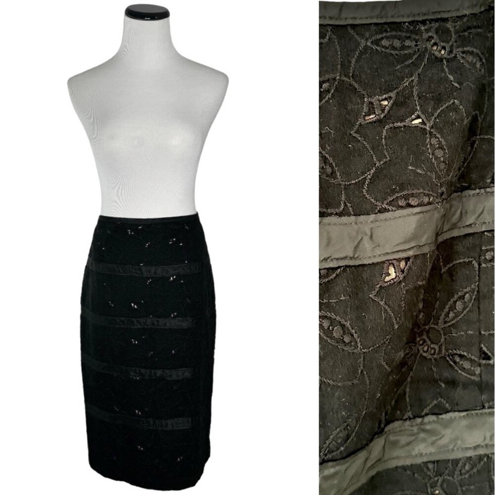 Tracy Reese Vintage Black Eyelet Overlay Bow Detail Pencil Skirt Size 4